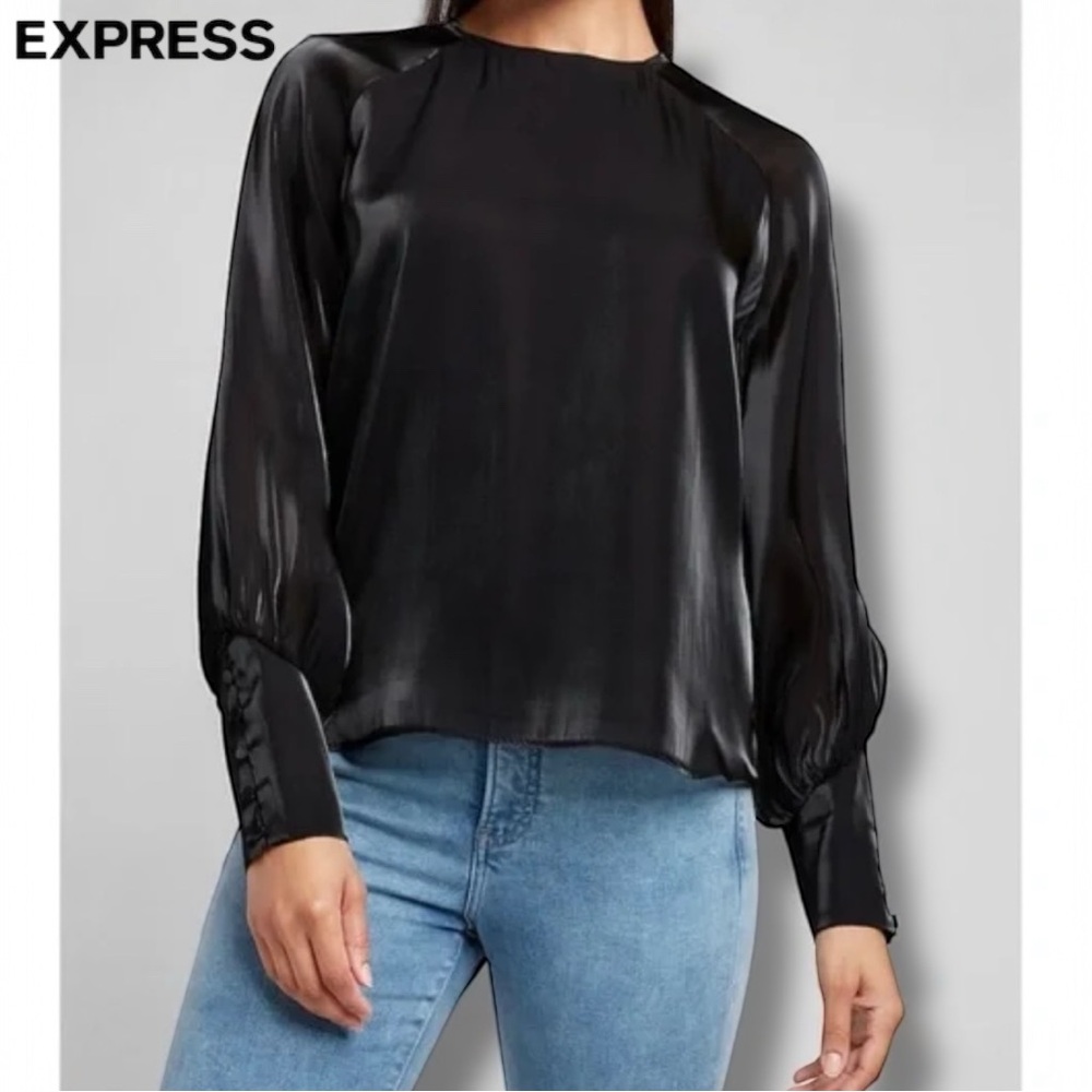 Express NWT $50 Womens Satin Shimmer Sheer Blouse Long Sleeve Top | Size XS